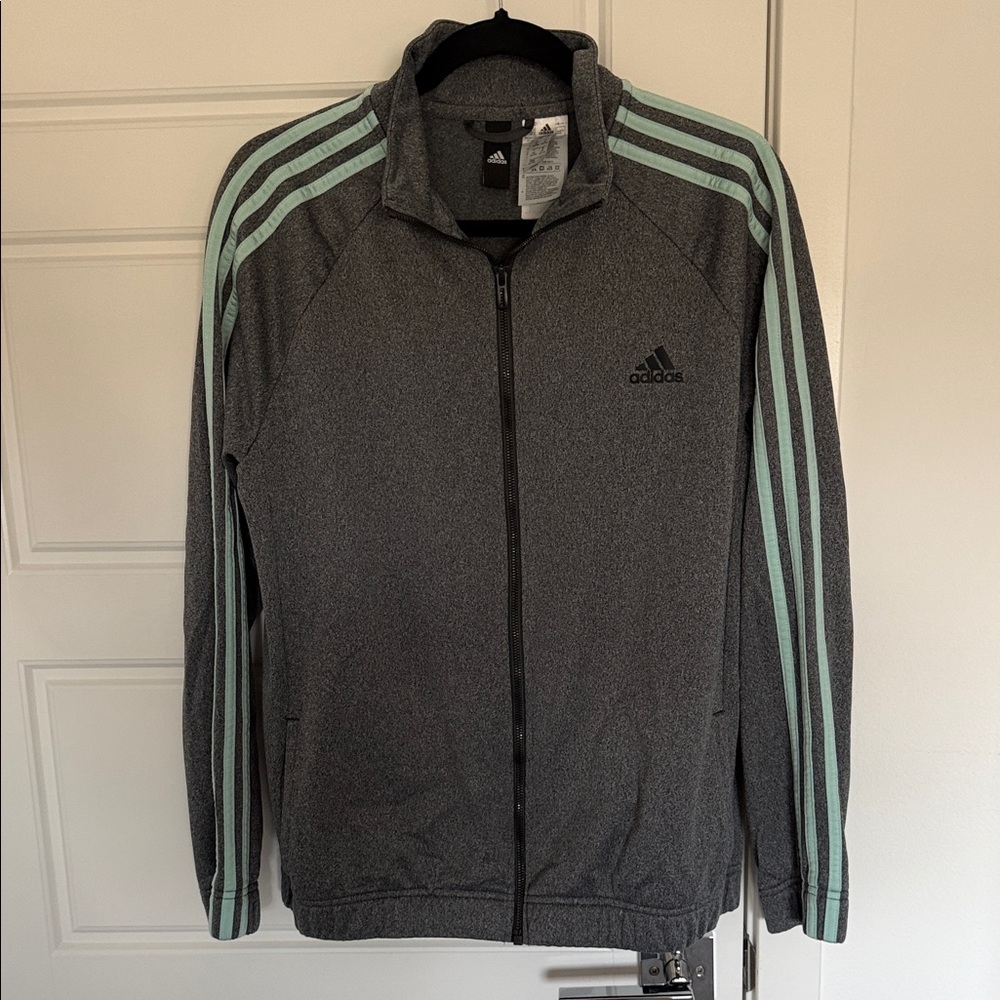 NWOT adidas Charcoal Zip-Up Jacket with Mint Stripe Accents